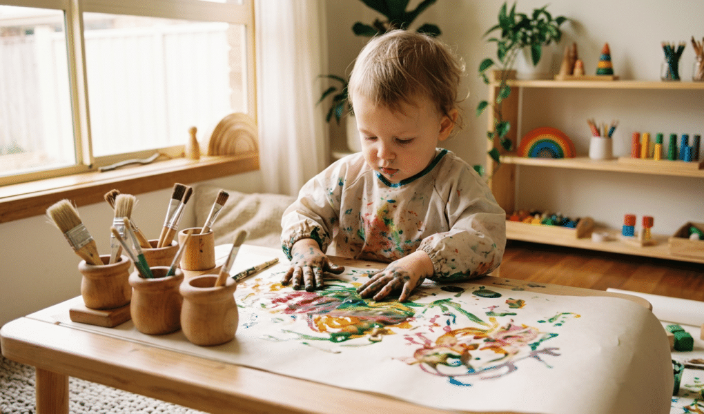 Kleinkind experimentiert beim Montessori-Basteln mit Farben und Pinseln an einem Holztisch