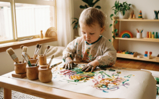 Kleinkind experimentiert beim Montessori-Basteln mit Farben und Pinseln an einem Holztisch