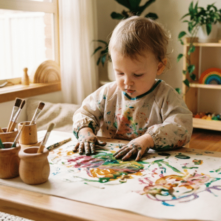 Kleinkind experimentiert beim Montessori-Basteln mit Farben und Pinseln an einem Holztisch