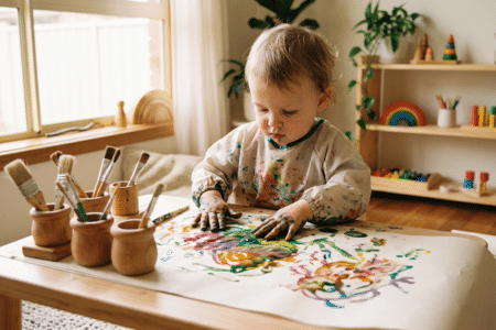 Kleinkind experimentiert beim Montessori-Basteln mit Farben und Pinseln an einem Holztisch