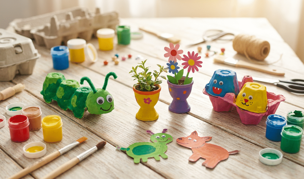 Nie wieder Papiermüll: 5 geniale Upcycling-Ideen aus Eierkartons, die Kinder lieben – bunte Basteleien auf einem Holztisch