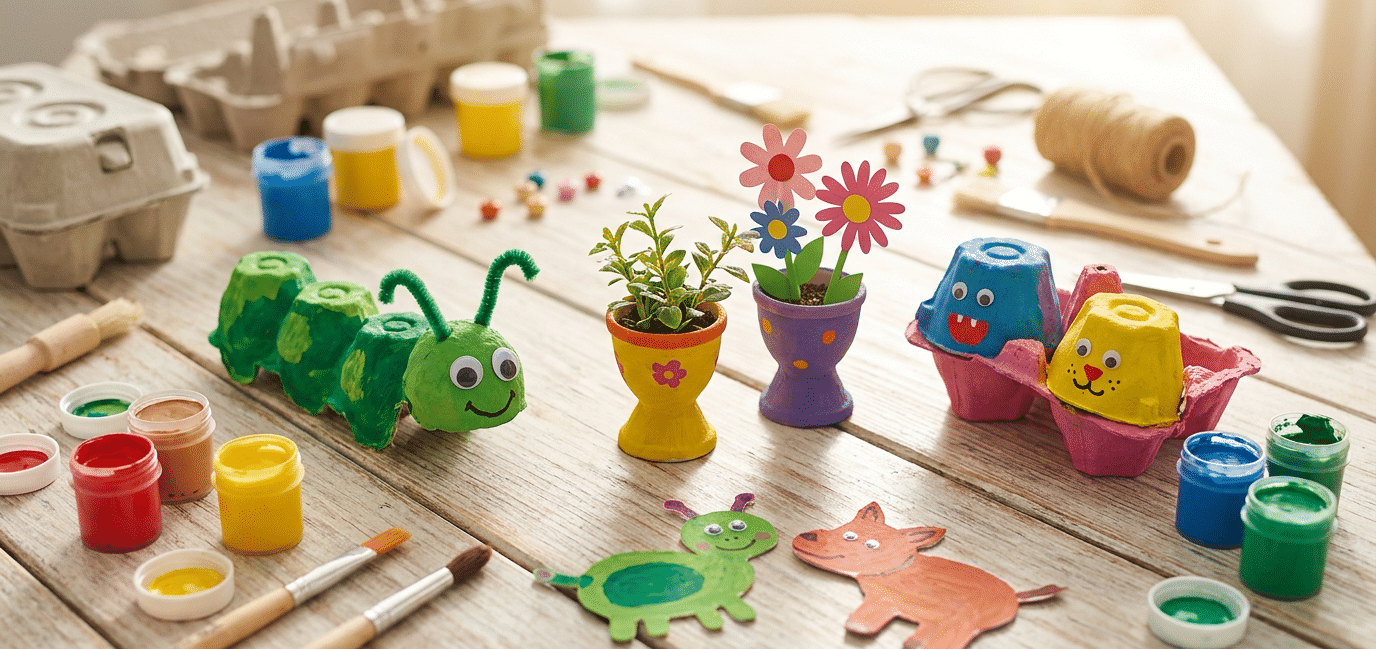 Nie wieder Papiermüll: 5 geniale Upcycling-Ideen aus Eierkartons, die Kinder lieben – bunte Basteleien auf einem Holztisch