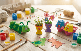 Nie wieder Papiermüll: 5 geniale Upcycling-Ideen aus Eierkartons, die Kinder lieben – bunte Basteleien auf einem Holztisch