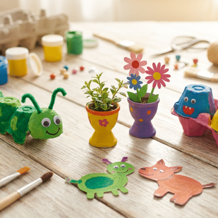 Nie wieder Papiermüll: 5 geniale Upcycling-Ideen aus Eierkartons, die Kinder lieben – bunte Basteleien auf einem Holztisch