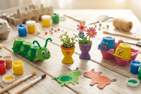 Nie wieder Papiermüll: 5 geniale Upcycling-Ideen aus Eierkartons, die Kinder lieben – bunte Basteleien auf einem Holztisch