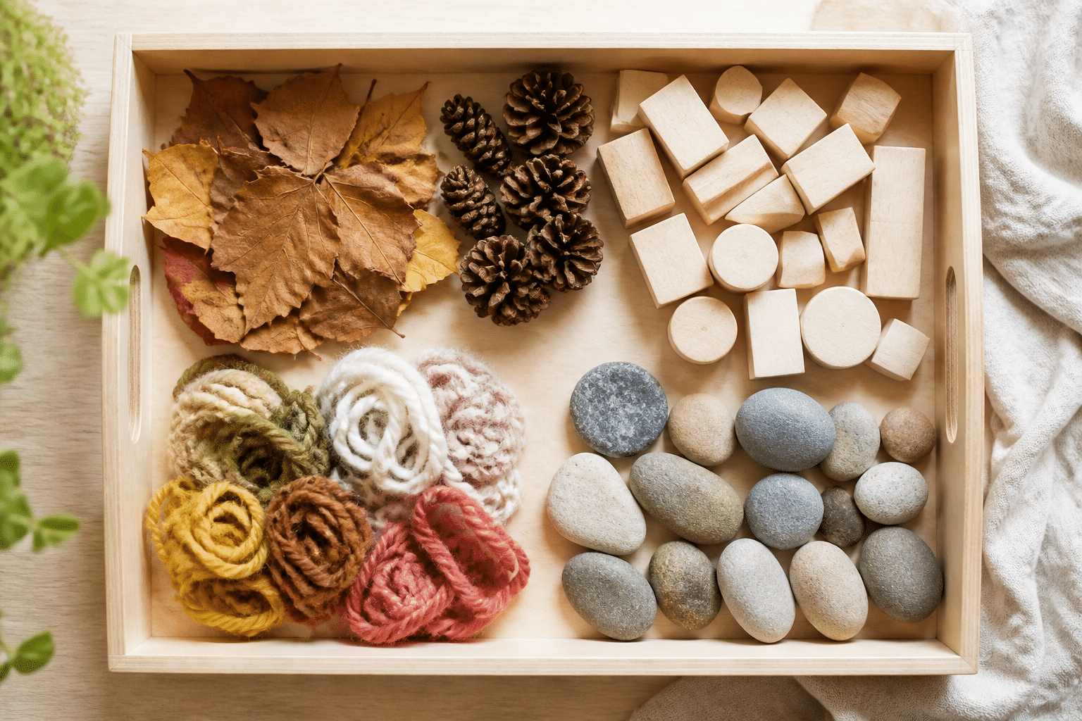Montessori-Basteln: Offene Naturmaterialien wie Tannenzapfen und Holzbausteine für freies Basteln