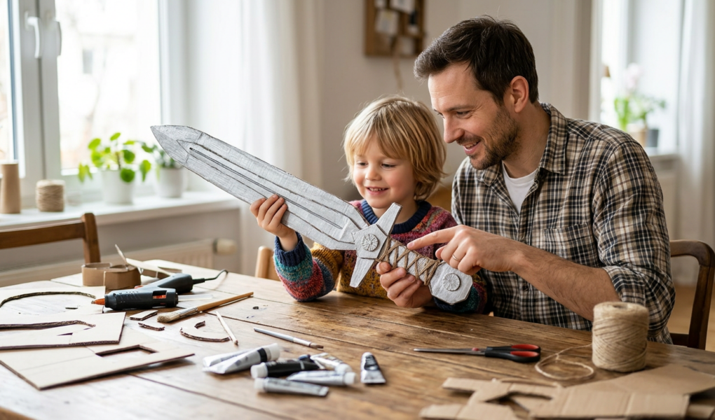 Vater und Kind beim Pappschwerter basteln am heimischen Holztisch