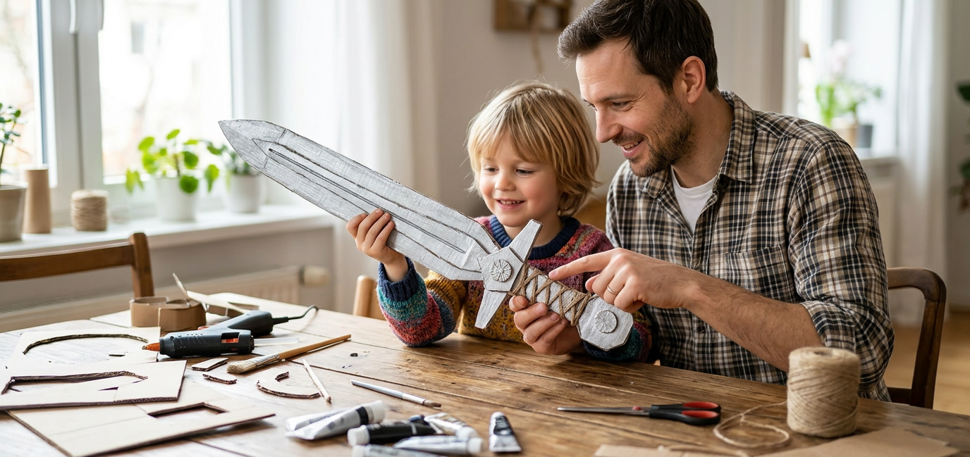 Vater und Kind beim Pappschwerter basteln am heimischen Holztisch