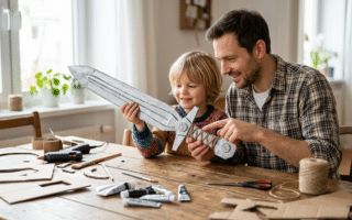 Vater und Kind beim Pappschwerter basteln am heimischen Holztisch
