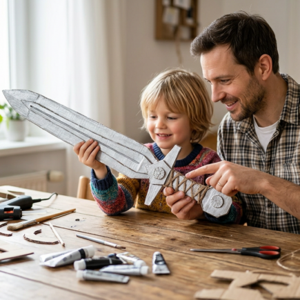 Vater und Kind beim Pappschwerter basteln am heimischen Holztisch