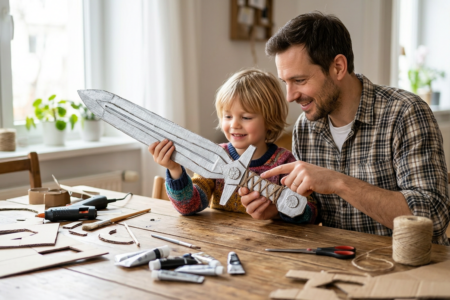 Vater und Kind beim Pappschwerter basteln am heimischen Holztisch