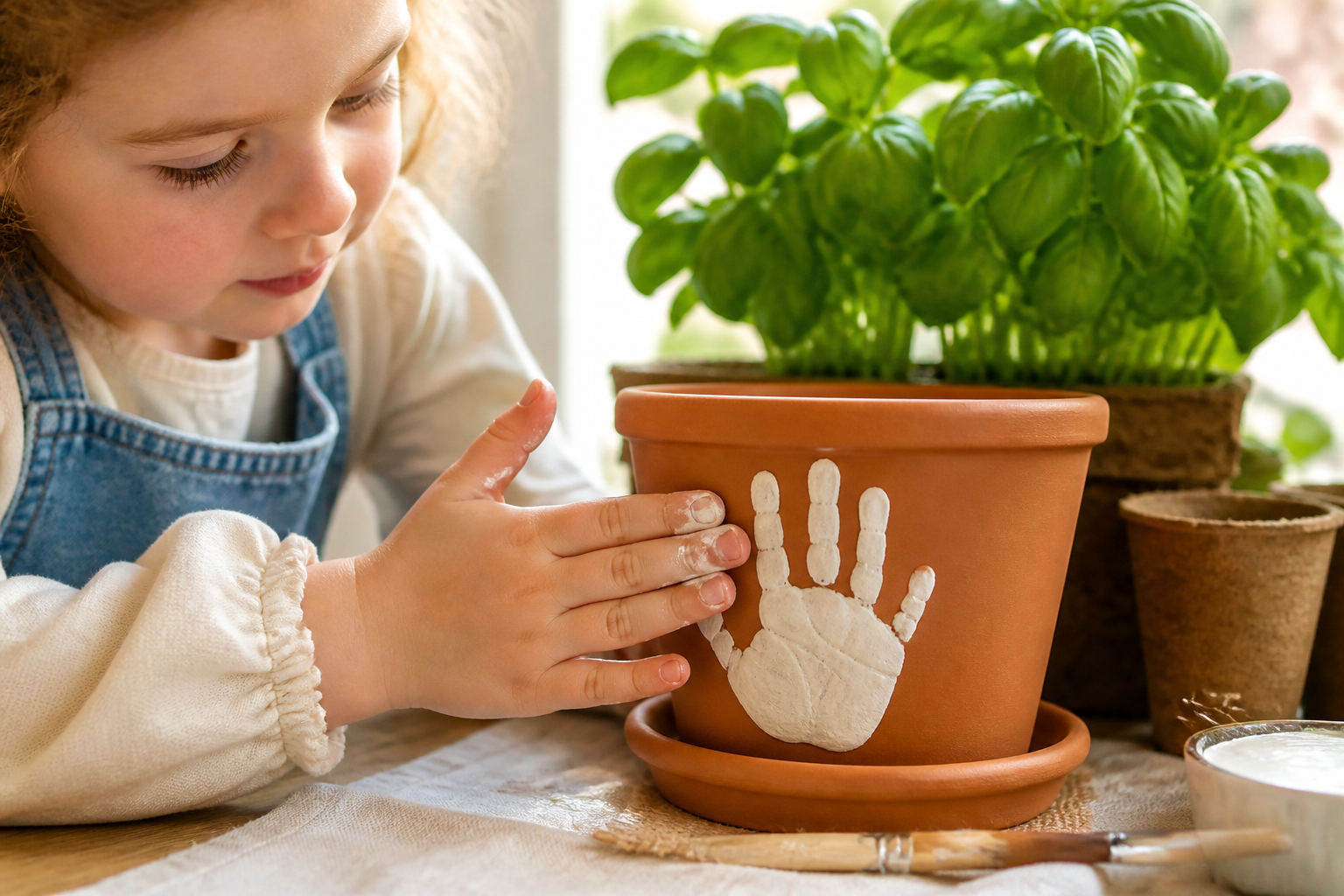 Personalisierte Geschenke Kinder Handabdruck auf einem Tontopf für die Fensterbank von Oma