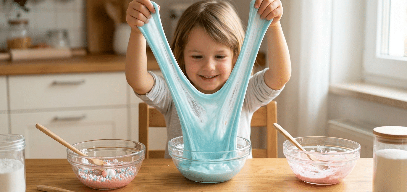 Kind demonstriert das Ergebnis beim Schleim selber machen ohne Borax an einem hellen Holztisch