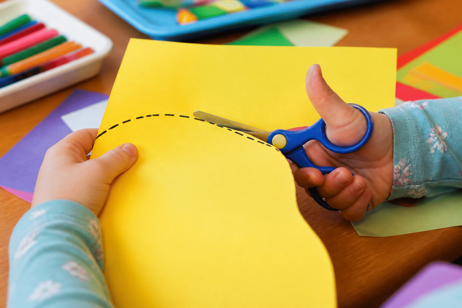 Schneiden lernen im Kindergarten mit Übungen entlang vorgezeichneter Linien auf Tonpapier.