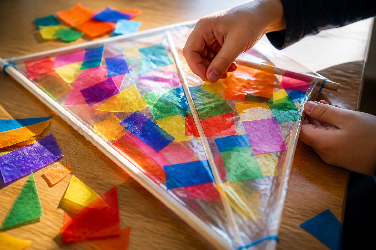 drache basteln vorlage: Kleine Kinderhände legen bunte Schnipsel aus Transparentpapier auf den klebrigen Drachenrahmen