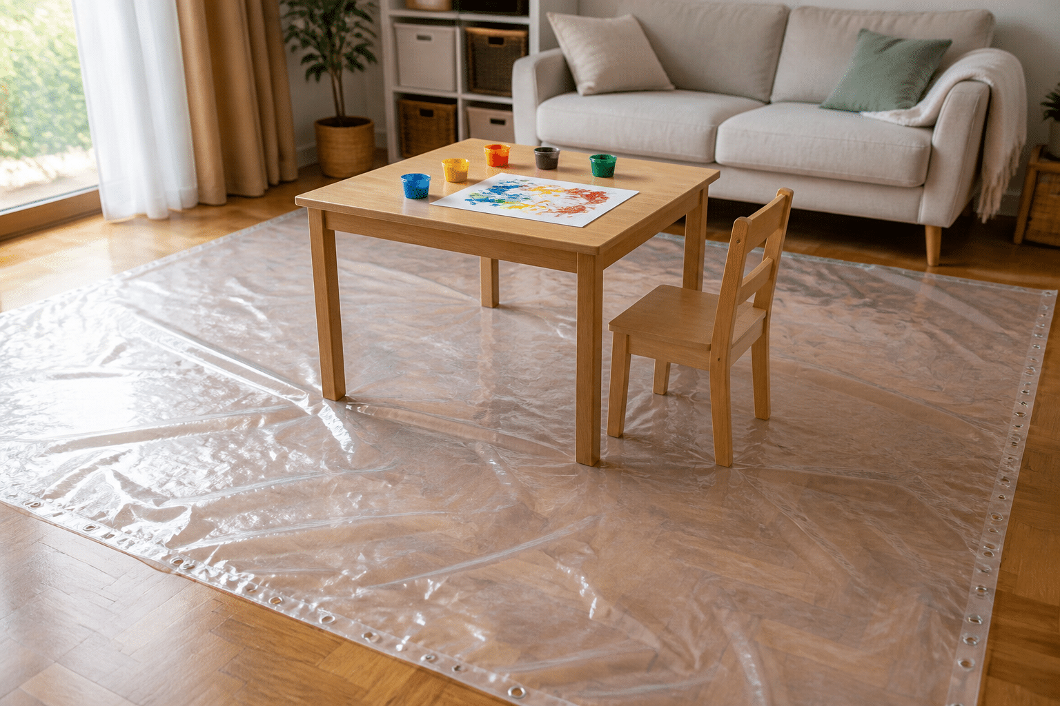 Wasserdichter Duschvorhang als Bodenschutz für sensorisches Spielen in der Wohnung