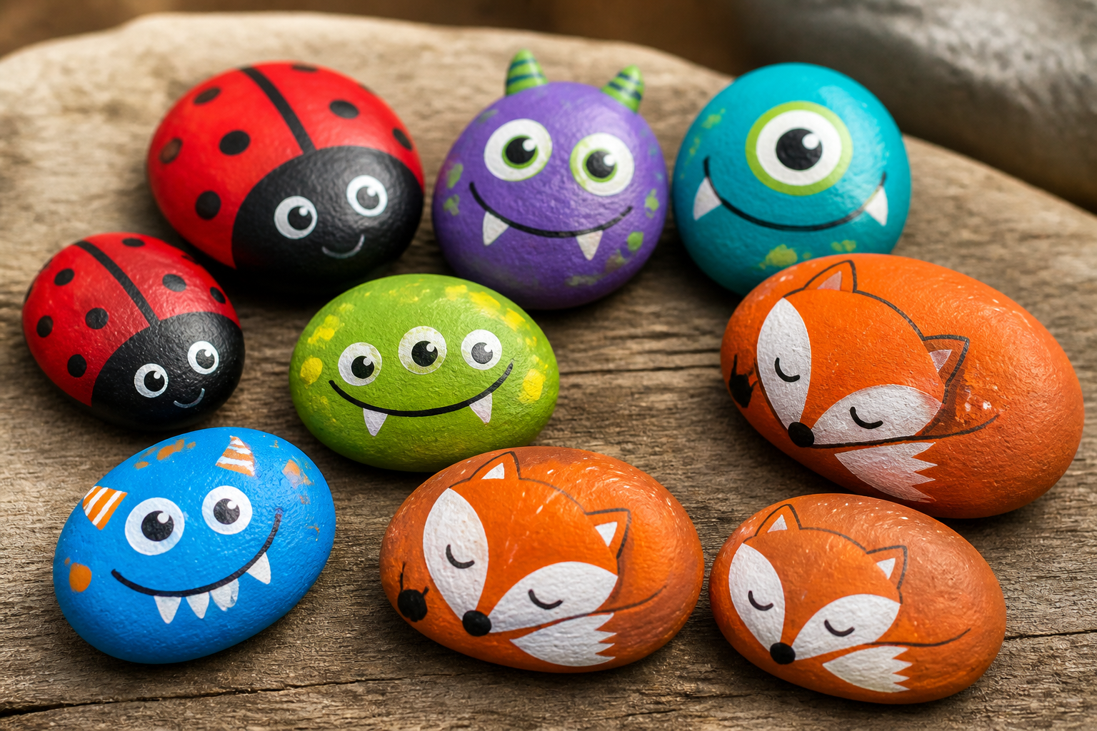 Bunt bemalte Steine mit Tiermotiven als Spielfiguren auf einem Holzbrett.