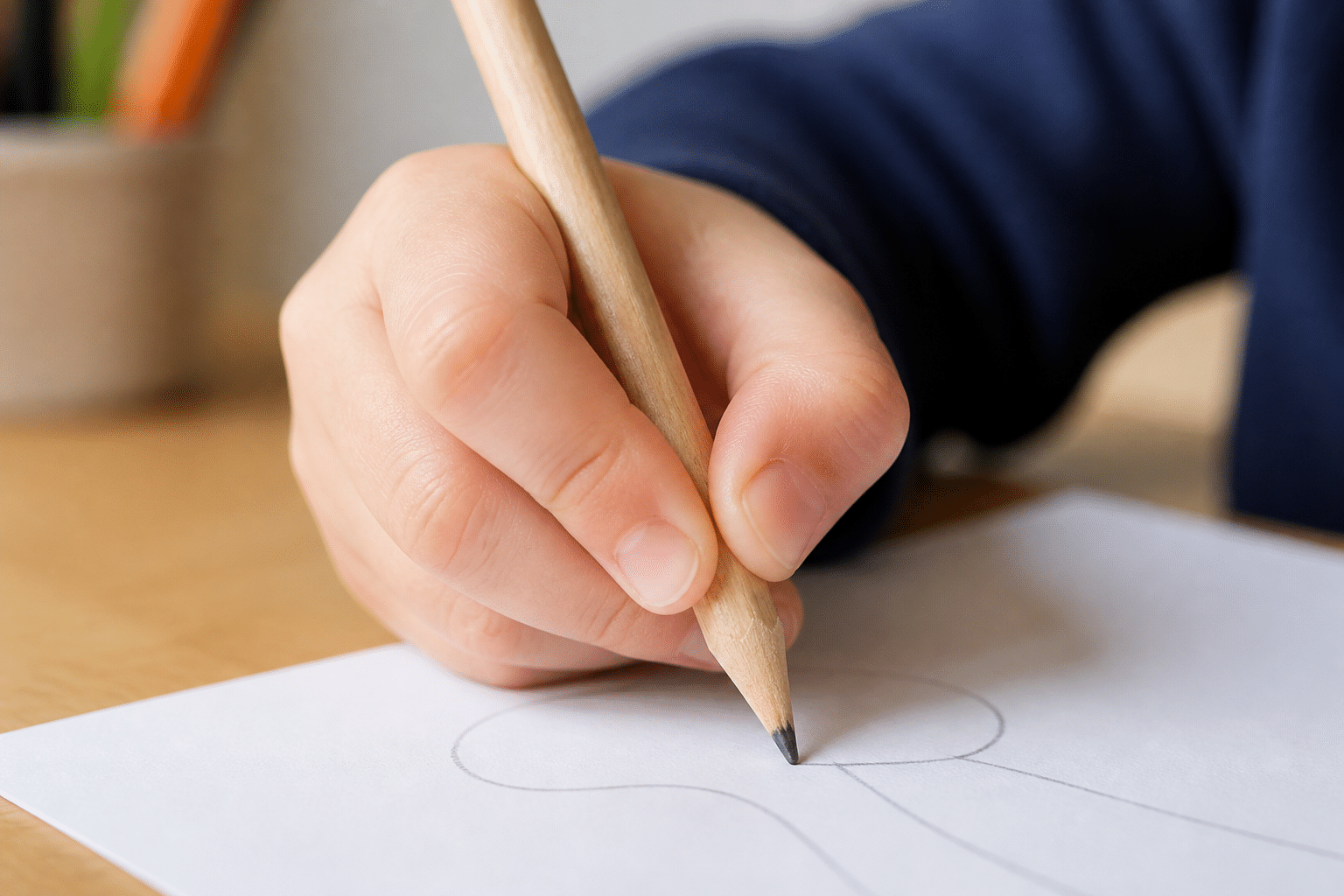 Feinmotorik fördern durch Basteln: Richtige Fingerhaltung beim Stiftgriff eines Kindes zur Vorbereitung auf die Grundschule.