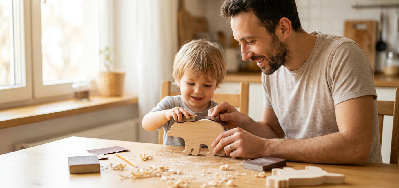 Vater und Kind beim Tier aus Holz basteln am gemütlichen Werkzeugtisch