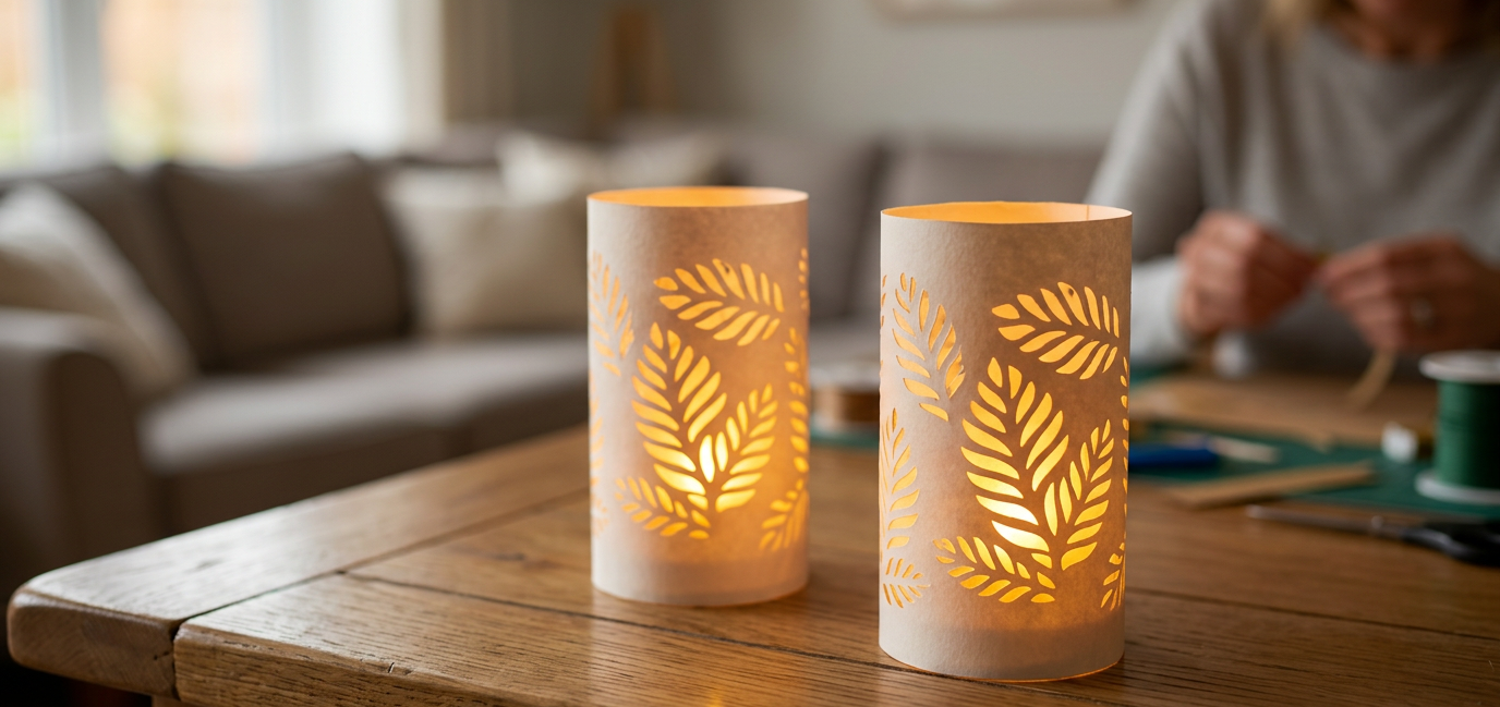 Zwei leuchtende DIY Papierlaternen beim Tischlaterne basteln auf einem Holztisch