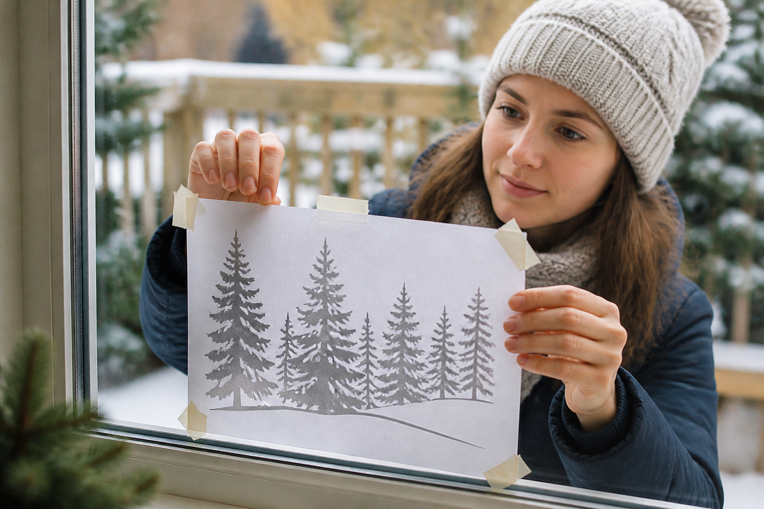 Anbringen einer Papiervorlage mit Malerkrepp von außen an die Fensterscheibe