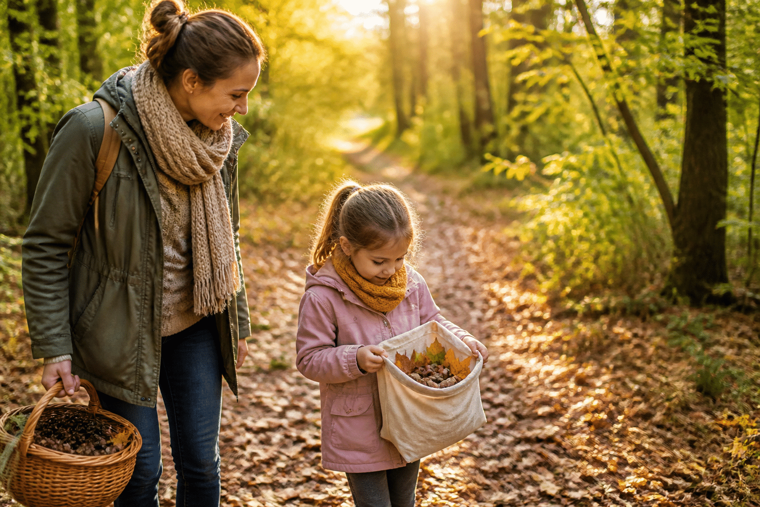 Mutter und Kind sammeln Äste und Blätter für Bastelarbeiten im herbstlichen Laubwald.
