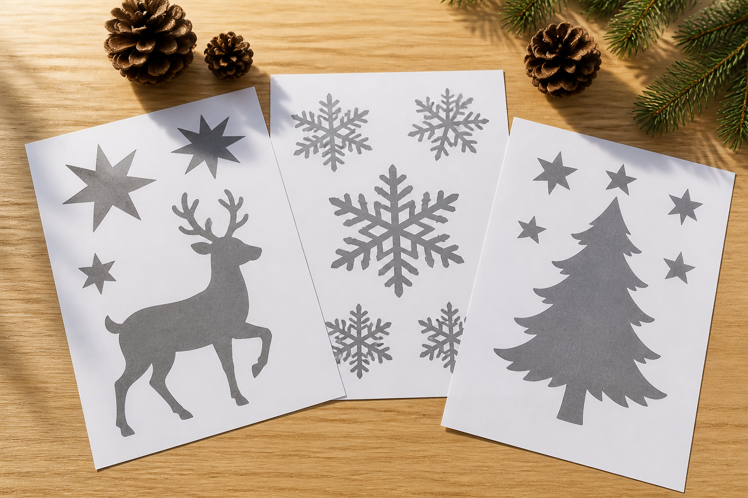 Verschiedene gedruckte Weihnachtsmotive und Schnittmuster auf einem Holztisch