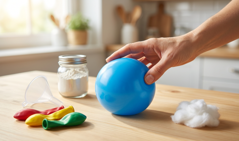 Fertig gestellter Wutball basteln auf einem hellen Holztisch mit Bastelmaterialien