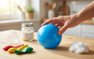 Fertig gestellter Wutball basteln auf einem hellen Holztisch mit Bastelmaterialien