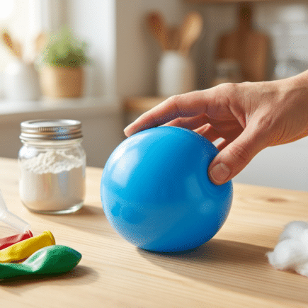 Fertig gestellter Wutball basteln auf einem hellen Holztisch mit Bastelmaterialien