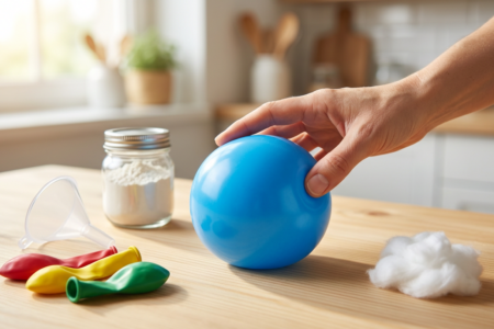 Fertig gestellter Wutball basteln auf einem hellen Holztisch mit Bastelmaterialien