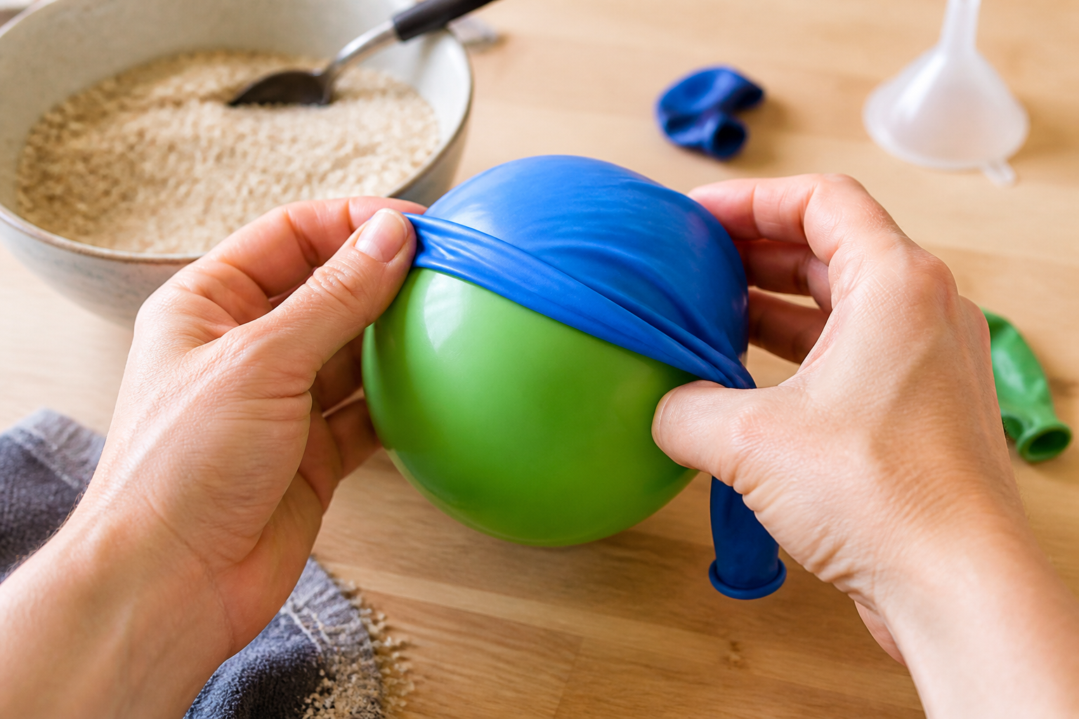 Eine zweite Ballonschicht wird für mehr Stabilität beim Wutball basteln übergezogen